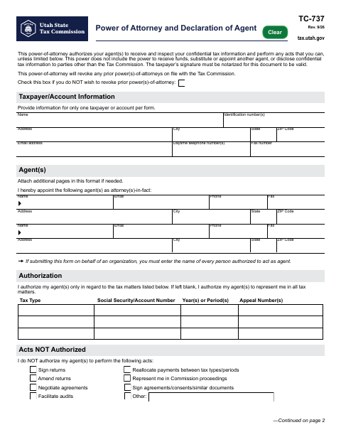 TC-737 Power of Attorney and Declaration of Agent first page
