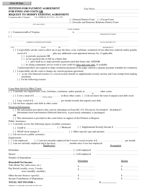 Petition for Payment Agreement for Fines and Costs or Request to Modify Existing Agreement, City of Suffolk form, first page