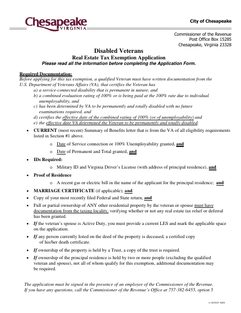 Disabled Veterans Real Estate Tax Exemption Application, City of Chesapeake form, first page