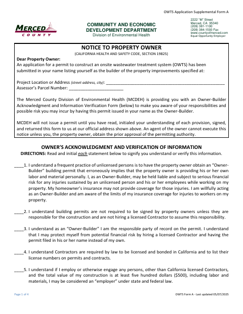 First page of the OWTS Application Supplemental Form A – Owner-Builder