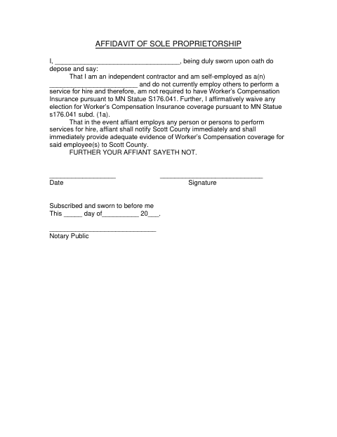 Affidavit of Sole Proprietorship, Scott County form, first page