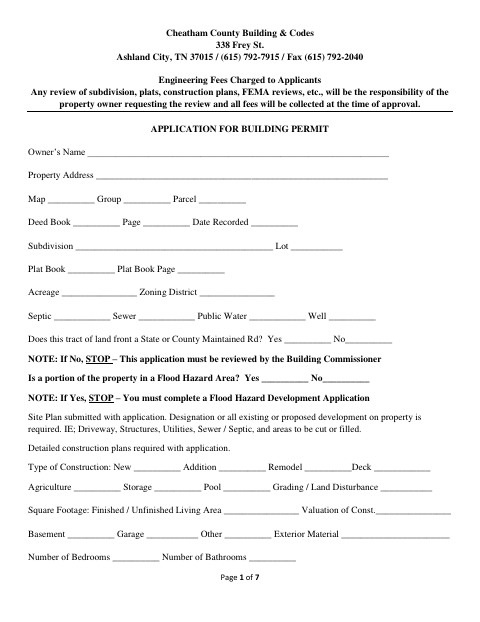 Application For Building Permit, Cheatham County form, first page