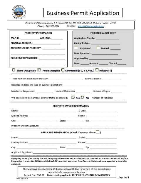Business Permit Application, Mathews County form, first page