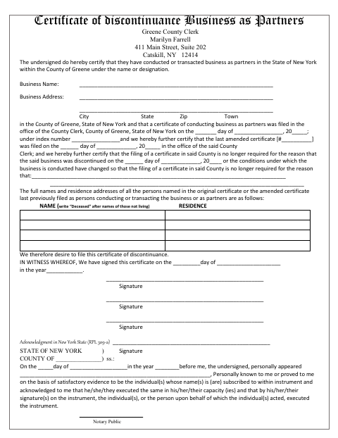 Certificate of Discontinuance of Business as Partners, Greene County form, first page