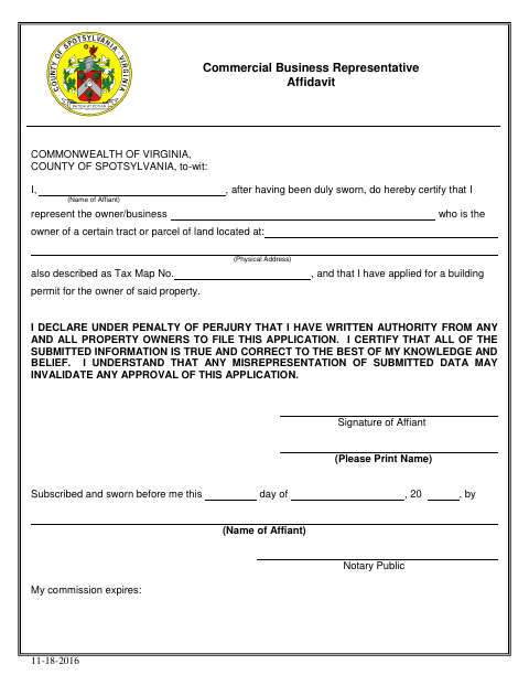 Commercial Business Representative Affidavit, Spotsylvania County form, first page