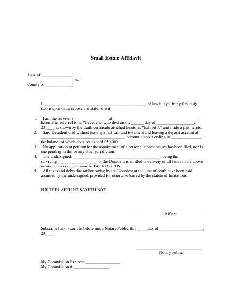Small Estate Affidavit, Kay County form, first page