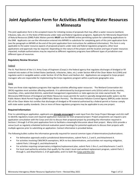 First page of the Joint Application Form for Activities Affecting Water Resources in Minnesota