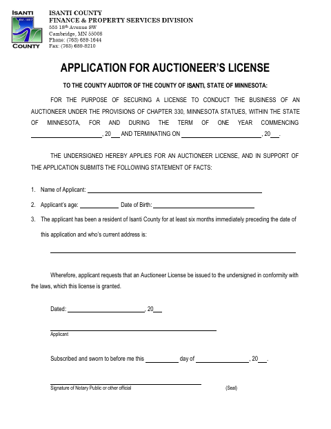 Application for Auctioneer License, Isanti County form, first page