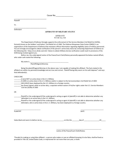 Affidavit of Military Status, Rockwall County form, first page