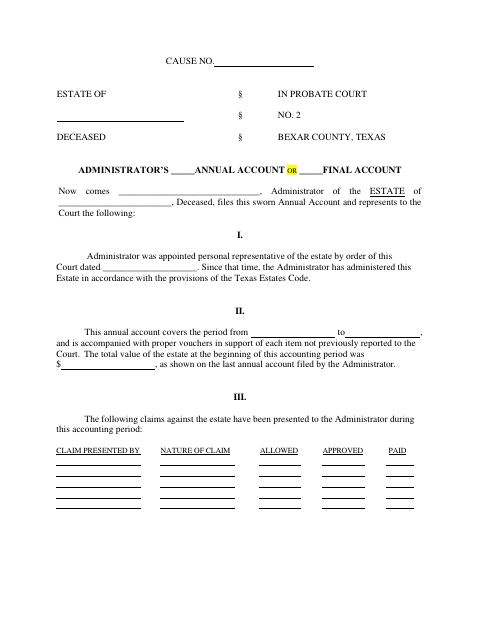 Administrator’s Annual Account, Bexar County form, first page