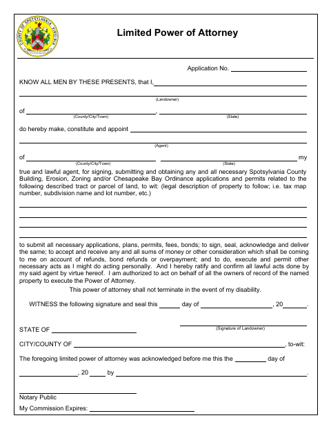 Limited Power of Attorney, Spotsylvania County form, first page