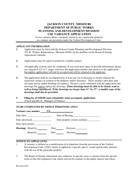 Use Variance Application, Jackson County form, first page