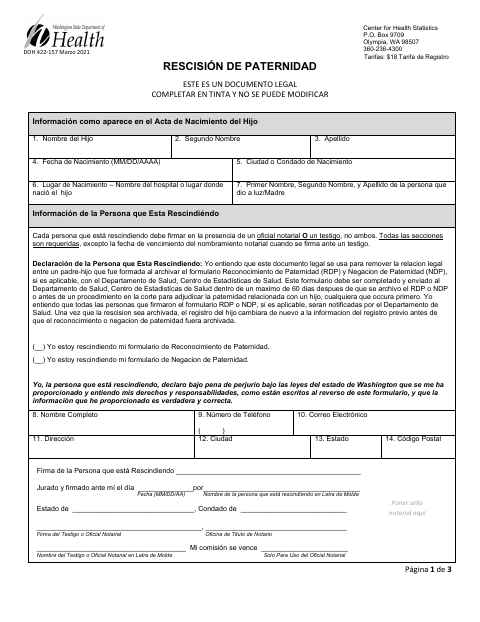 DOH 422-157 Rescission of Parentage (Spanish) first page