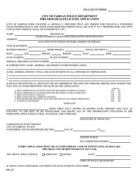 Firearms Dealer License Application, City of Fairfax form, first page