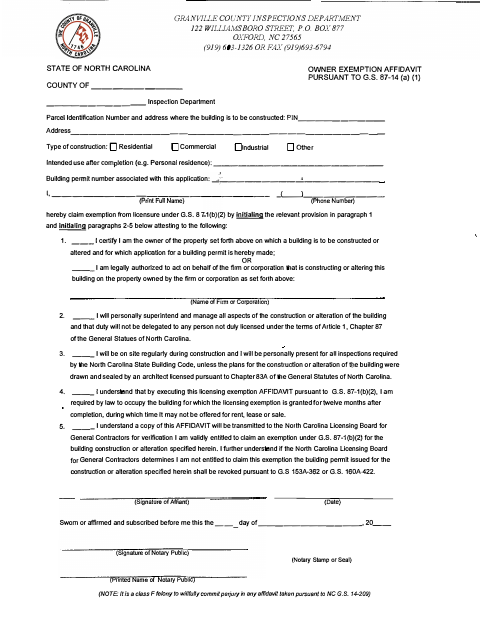 Owner Exemption Affidavit, Granville County form, first page