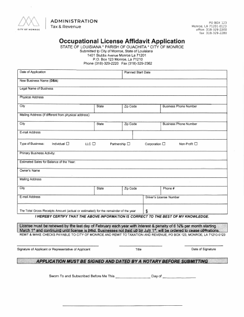 First page of the Occupational License Affidavit Application