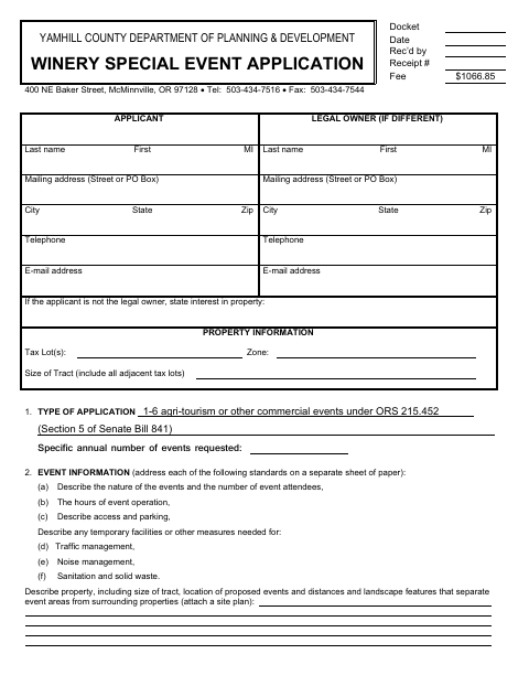 Winery Special Event Application (1–6 Events), Yamhill County form, first page