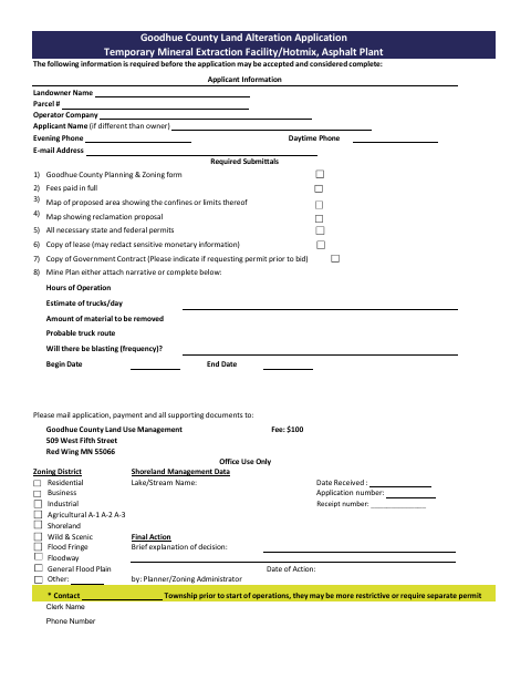 First page of the Land Alteration Application for Temporary Mineral Extraction Facility or Hotmix Asphalt Plant