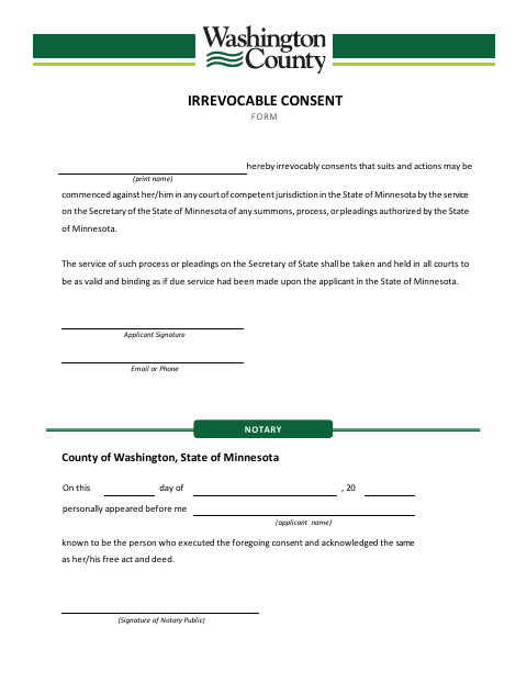 Irrevocable Consent Form, Washington County form, first page