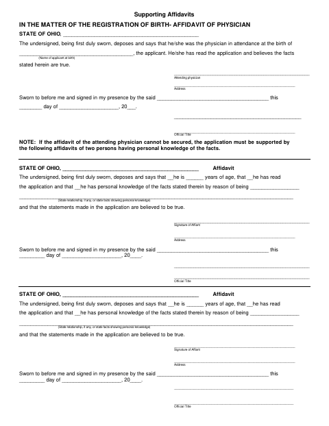 Physician Affidavit for Birth Registration, Defiance County form, first page