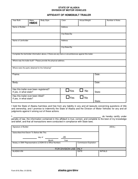 Form 819 Homebuilt Trailer Affidavit first page