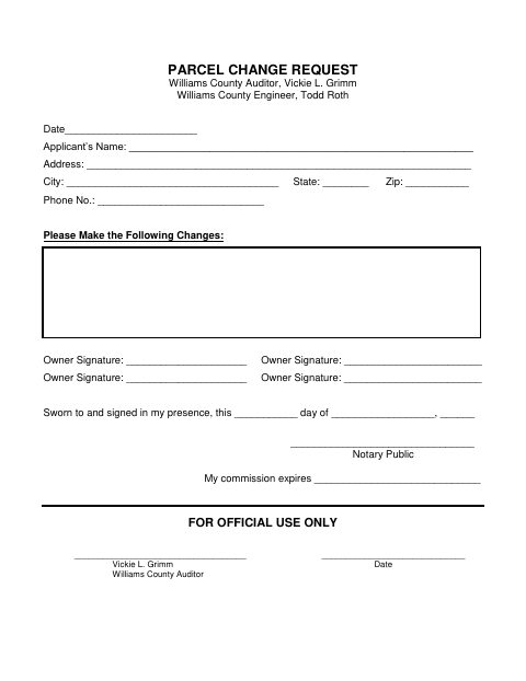 Parcel Change Request, Williams County form, first page