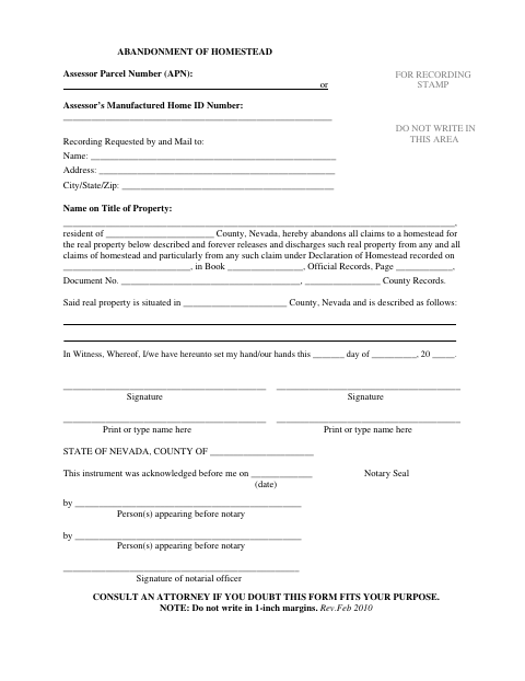 Abandonment of Homestead, Nye County form, first page