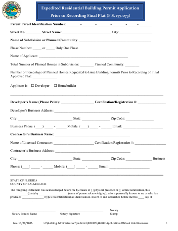 Application Affidavit Hold Harmless — Palm Beach County form, first page