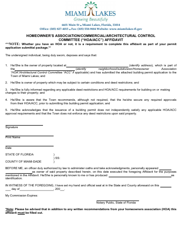 First page of the HOA/ACC Affidavit