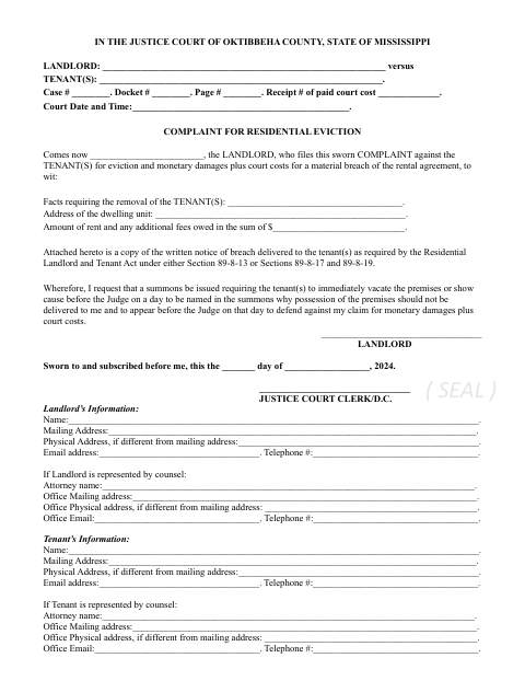 Complaint For Residential Eviction, Oktibbeha County form, first page