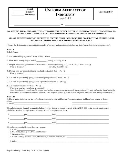 Uniform Affidavit of Indigency, Montgomery County form, first page