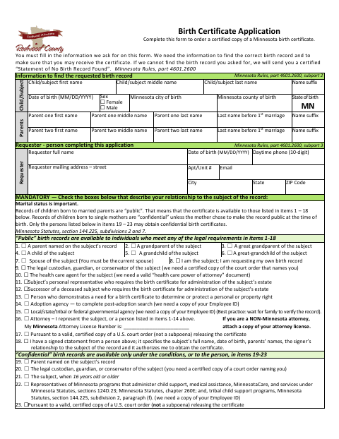 Birth Certificate Application, Redwood County form, first page