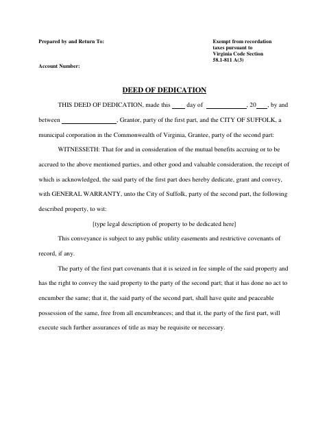 Deed Of Dedication, City of Suffolk form, first page