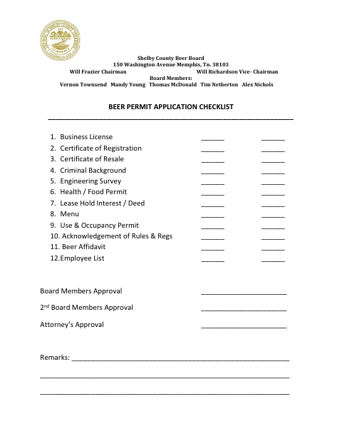 Beer Permit Application Checklist, Shelby County form, first page