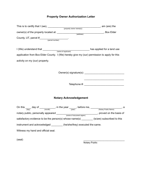 Property Owner Authorization Letter, Box Elder County form, first page