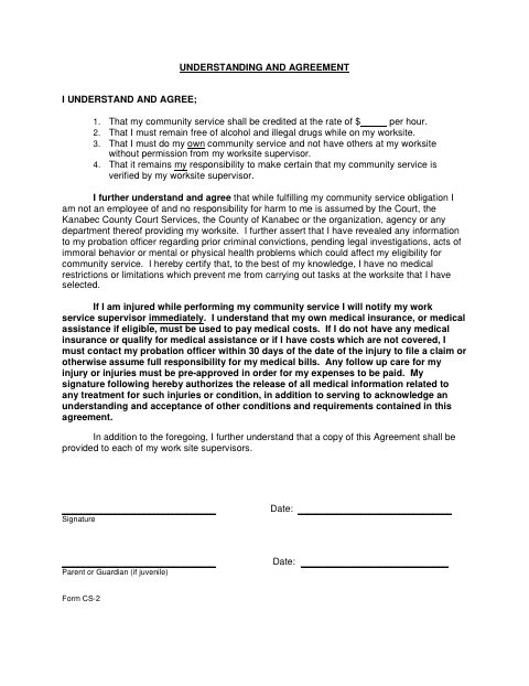 First page of the Community Work Service Agreement