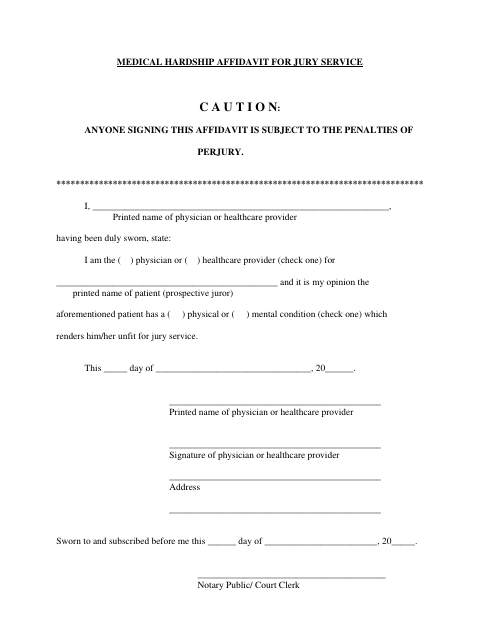 Medical Hardship Affidavit For Jury Service, Hawkins County form, first page