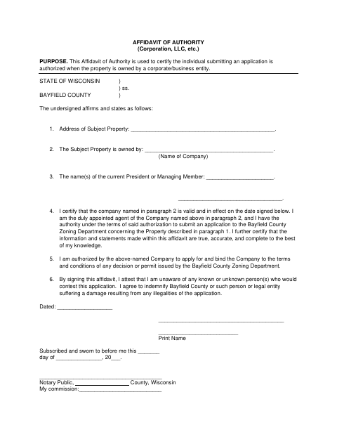 Affidavit of Authority (Corporation, LLC, etc.), Bayfield County form, first page