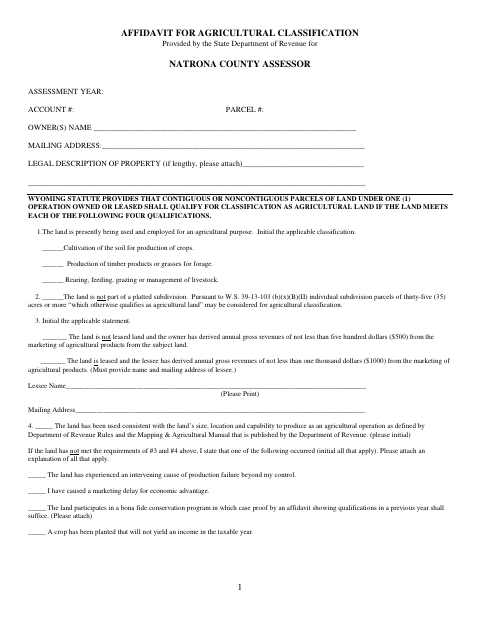 Affidavit for Agricultural Classification, Natrona County form, first page