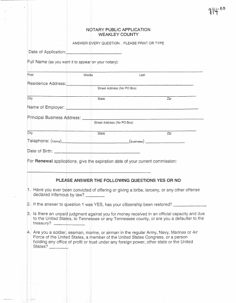 Notary Public Application, Weakley County form, first page