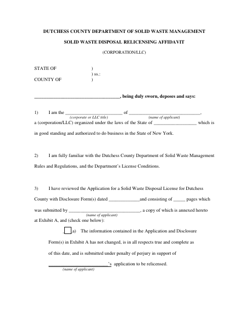 Solid Waste Disposal Relicensing Affidavit, Dutchess County form, first page