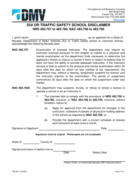 OBL284 DUI or Traffic Safety School Disclaimer first page