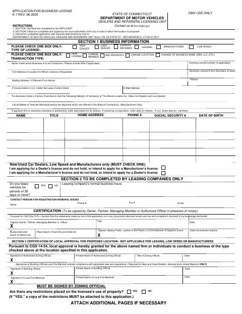 K-7 Application for Automobile Dealer’s or Repairer’s License first page