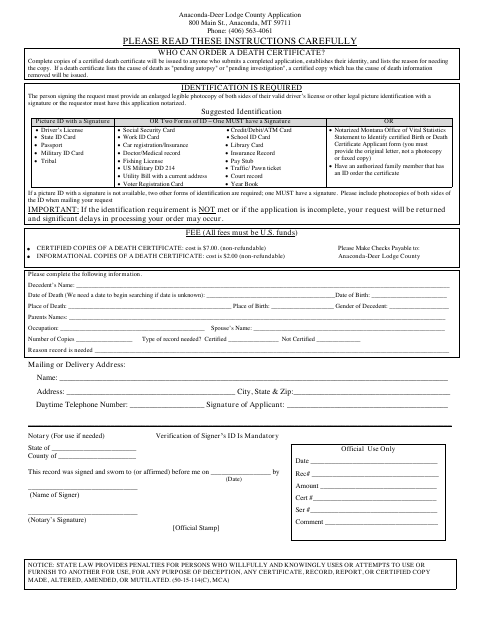 Death Certificate Request, Deer Lodge County form, first page