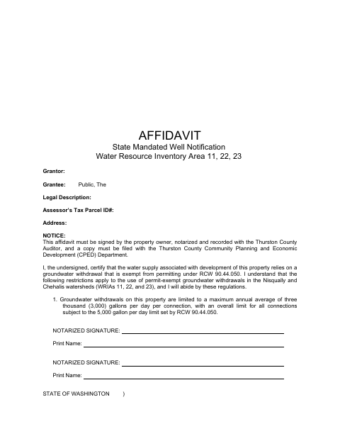 Affidavit of State-Mandated Well Notification, WRIAs 11, 22, and 23, Thurston County form, first page