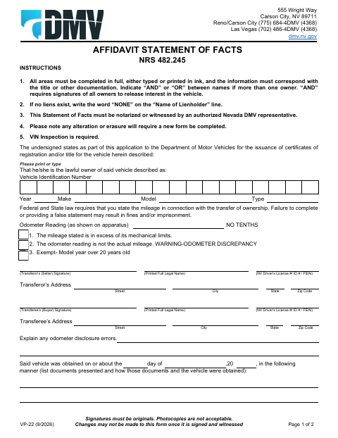 VP-22 Affidavit Statement of Facts first page