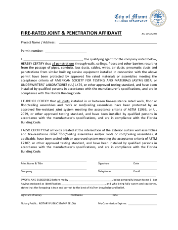First page of the Fire-Rated Joint & Penetration Affidavit