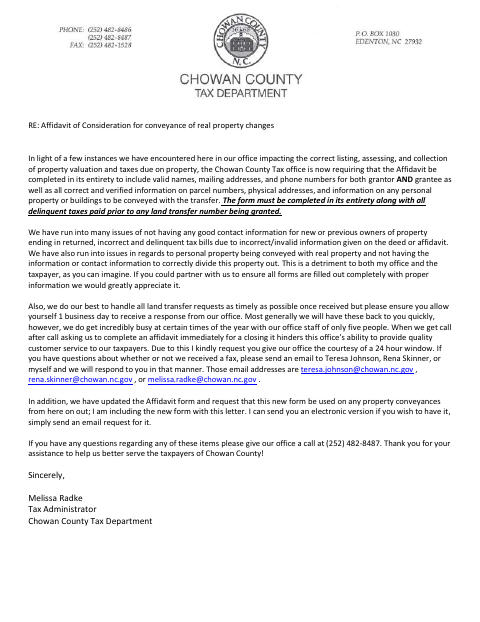 Affidavit of Consideration or Value, Chowan County form, first page