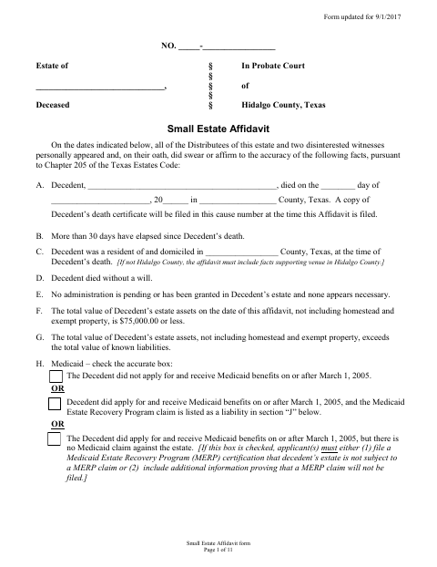 Small Estate Affidavit, Hidalgo County form, first page