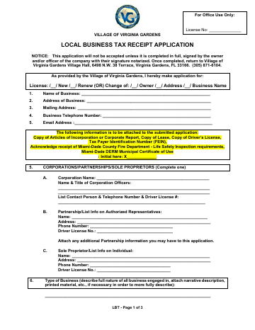 First page of the Local Business Tax Receipt Application